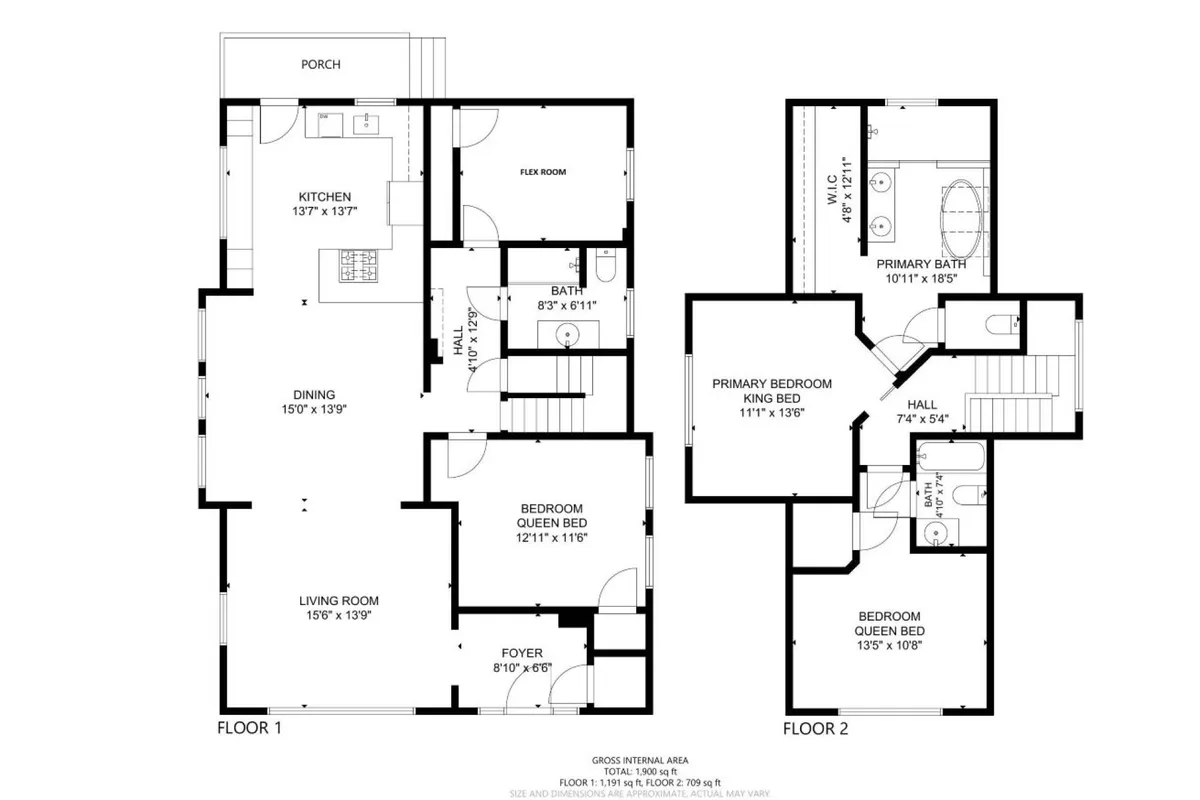 This wide-angle interior shot highlights the kitchen, living room, primary bedroom, dining area, and a flexible room all visible in one spacious, inviting layout. The rooms are full of natural light and show multiple spaces where guests can gather, dine, or relax together.